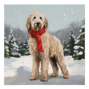 Póster Perro Goldendoodle en Navidades de Nieve
