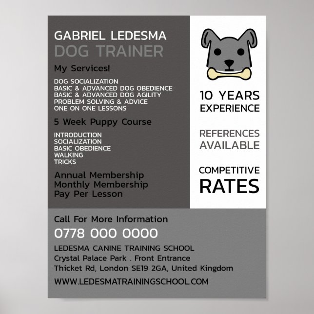 Póster Perro gris, publicidad de entrenador de perros (Frente)