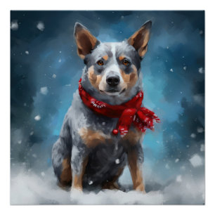 Póster Perro Heeler Azul en Navidades de Nieve