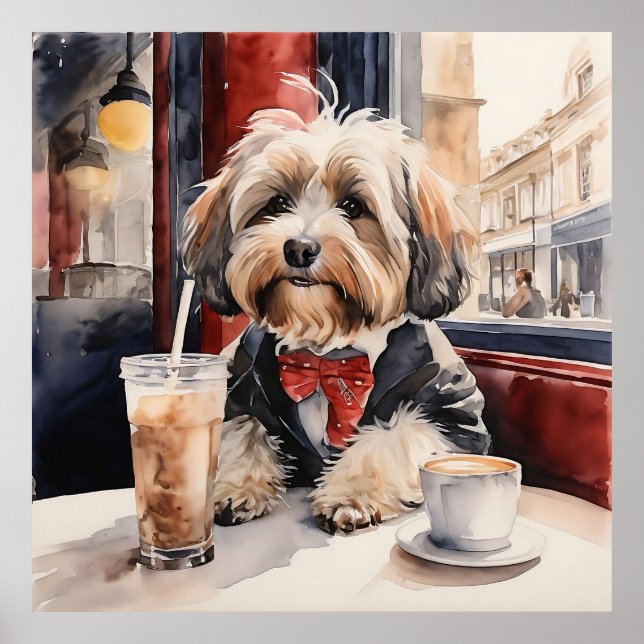 Póster Perro hispano bebe un batido de leche en un café (Frente)