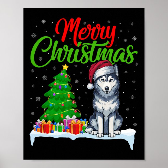 Póster Perro Husky Siberiano Árbol de Navidad Luz Gracios (Frente)