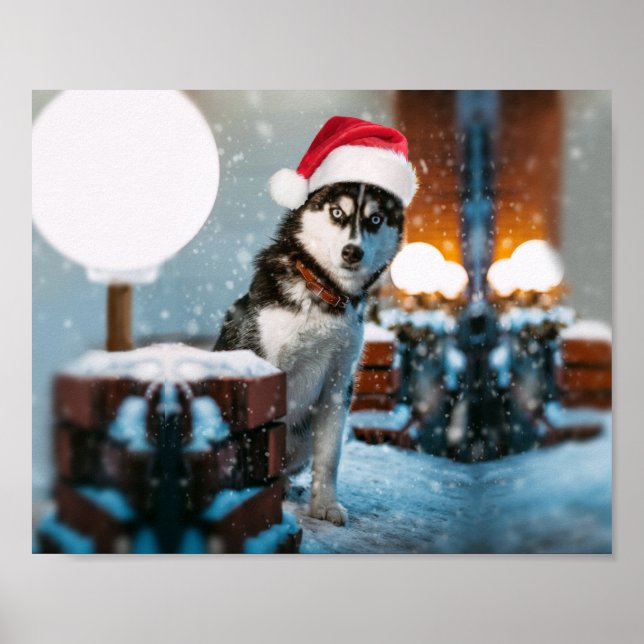Póster Perro Husky siberiano con sombrero santa (Frente)