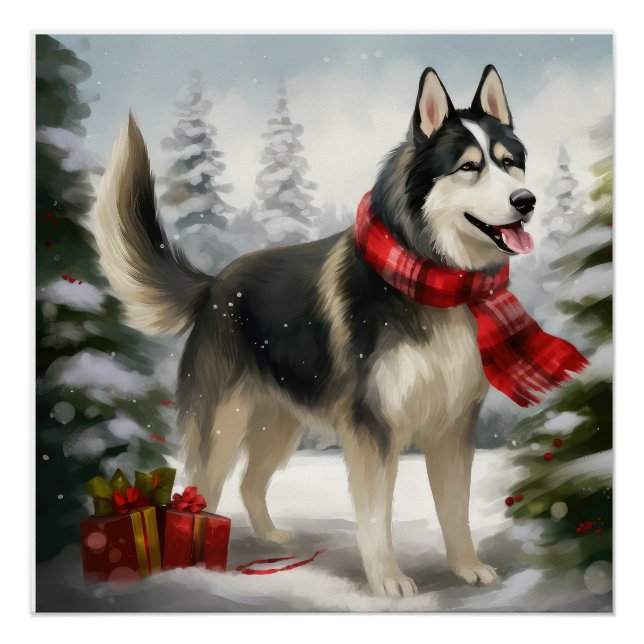 Póster Perro Husky Siberiano en Navidades de nieve (Anverso)