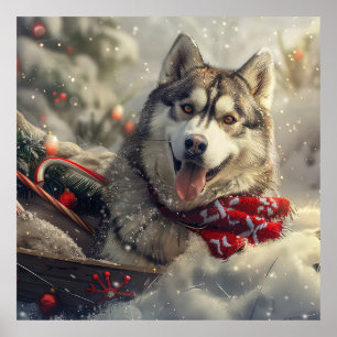 Póster Perro Husky Siberiano Festivo de Navidad