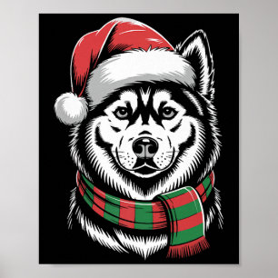 Póster Perro Husky Siberiano Navideño Sombrero Santa Bufa