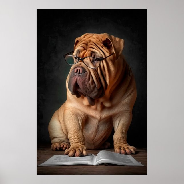 Póster Perro inteligente Shar Pei con diseño de libros (Frente)