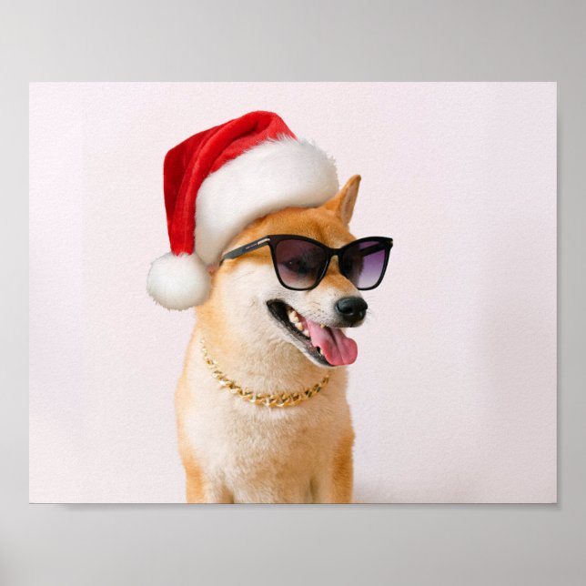 Póster Perro inu shiba en Santa Claus gorras rojos (Frente)