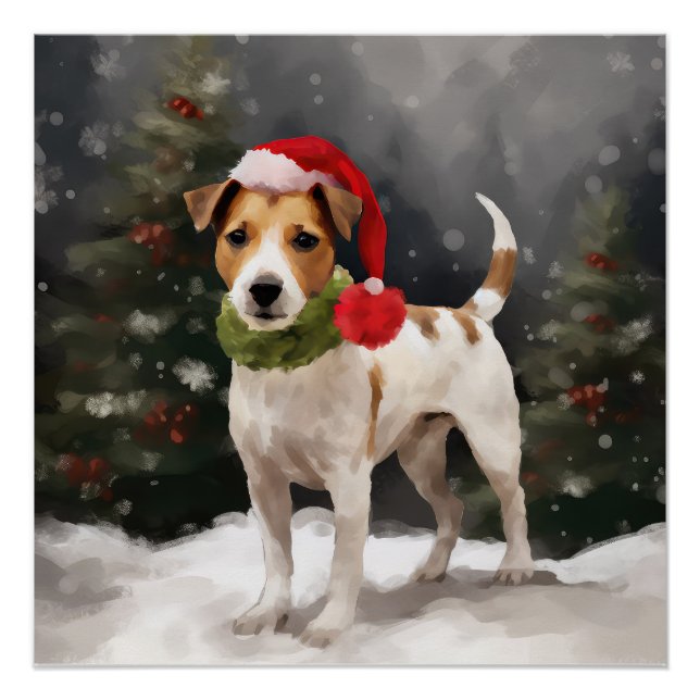 Póster Perro Jack Russell en Navidad con Nieve (Anverso)