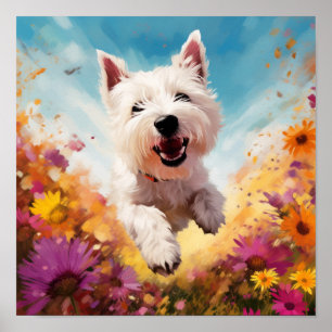 Póster Perro juguetón corriendo a través de flores colori