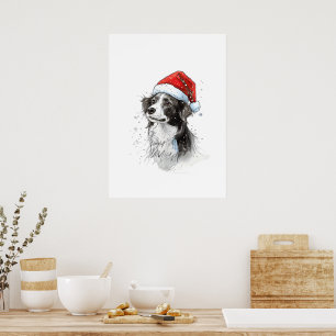 Póster Perro juguetón en Santa Hat con copos de nieve