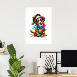 Póster Perro juguetón en Sombrero Santa en luces Navidade