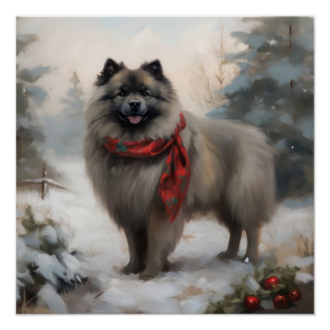 Póster Perro Keeshond en Navidades de nieve (Anverso)