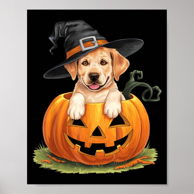 Póster Perro Labrador Amarillo Halloween Calabaza (Frente)
