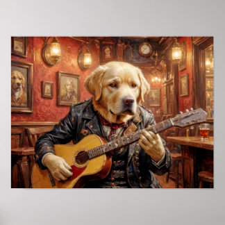 Póster perro labrador con vestido steampunk tocando guita