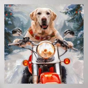 Póster Perro Labrador Montando Motocicleta Navidad