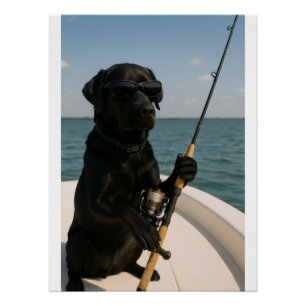 Póster Perro labrador negro divertido pescando 