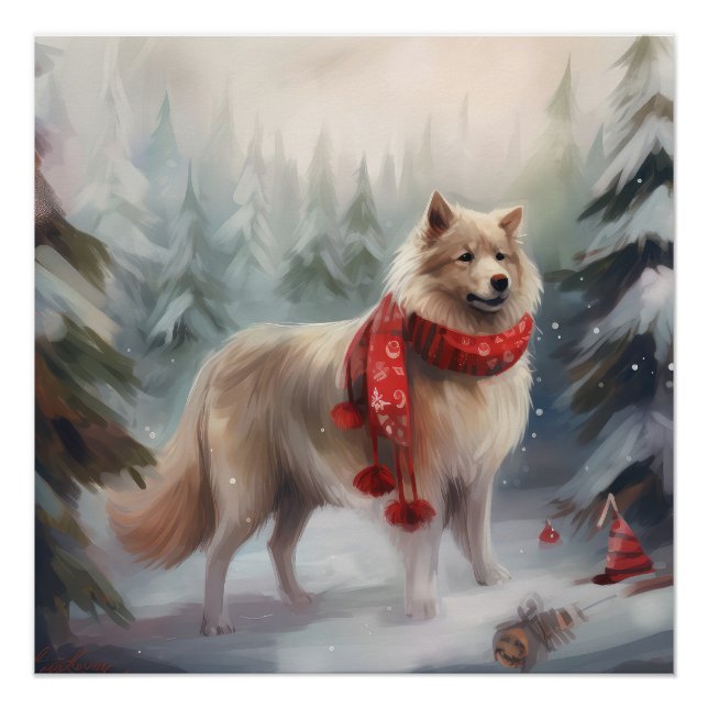 Póster Perro lappund finlandés en Navidades de nieve (Anverso)