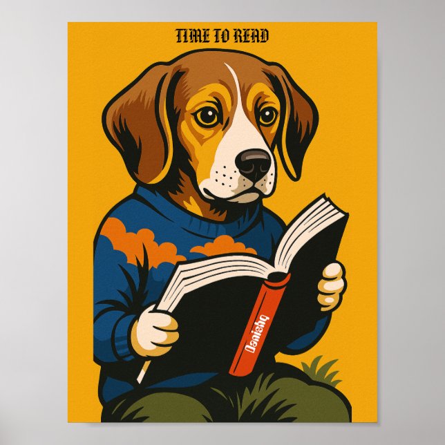 Póster Perro leyendo con un libro — ¡Es hora de leer! (Frente)