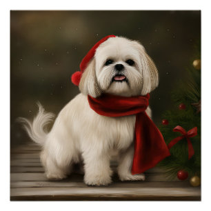 Póster Perro Lhasa Apso en Navidad con Nieve