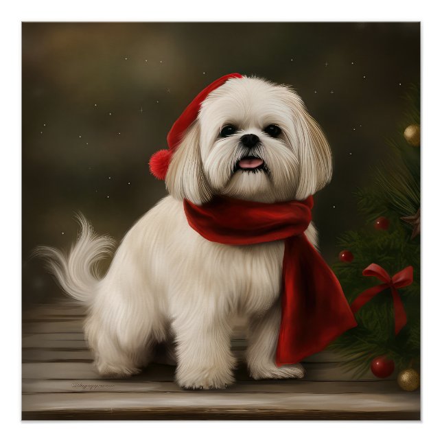 Póster Perro Lhasa Apso en Navidad con Nieve (Anverso)
