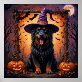 Póster Perro lindo en Gorra de brujas rodeado de calabaza