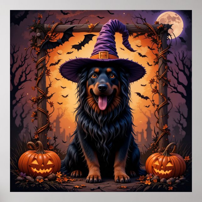 Póster Perro lindo en Gorra de brujas rodeado de calabaza (Frente)