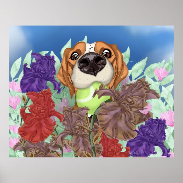 Póster Perro lindo en un campo de flores. (Frente)