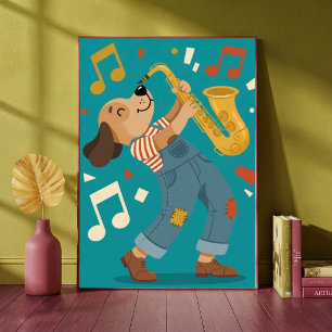 Póster Perro Lindo Tocando Música Jazz de Saxofón para Gu