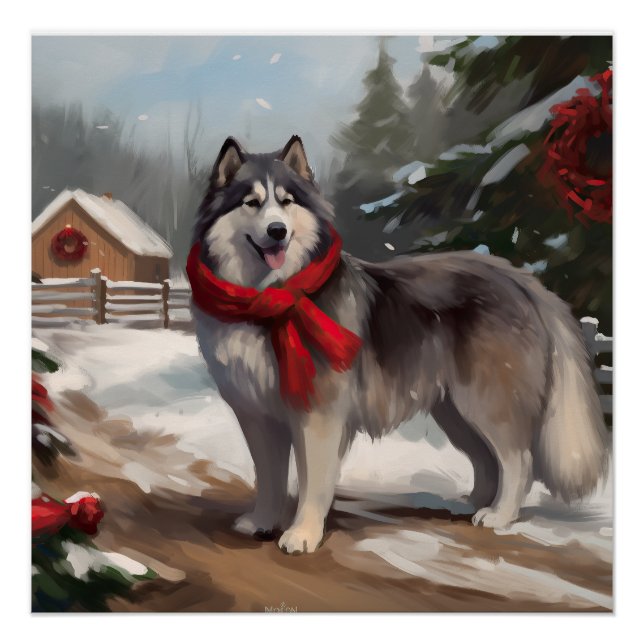 Póster Perro malamute de Alaska en Navidades de nieve (Anverso)