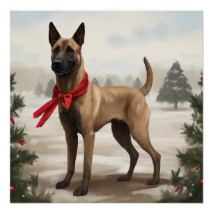 Póster Perro Malinois Belga en Navidad con Nieve