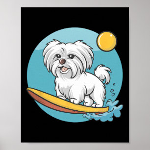 Póster Perro maltés aventurero surfeando surfistas divert