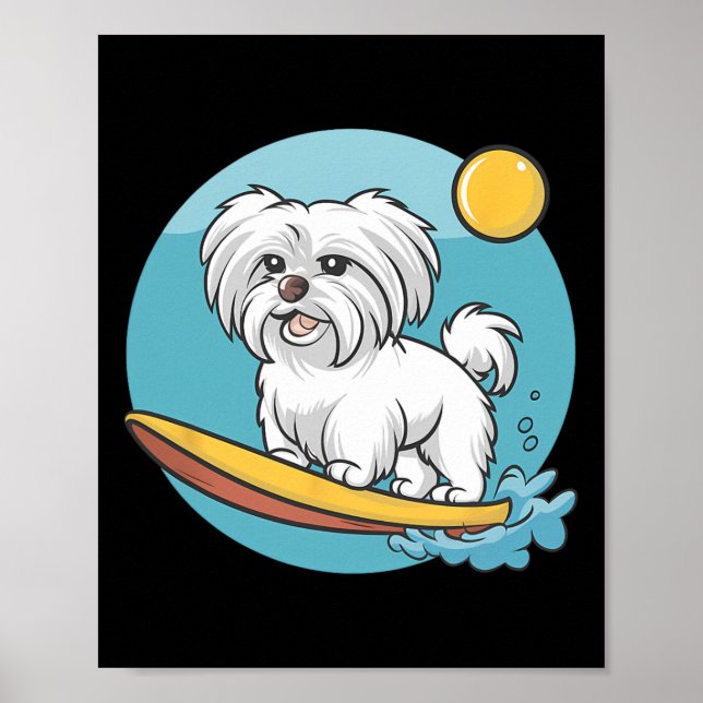 Póster Perro maltés aventurero surfeando surfistas divert (Frente)