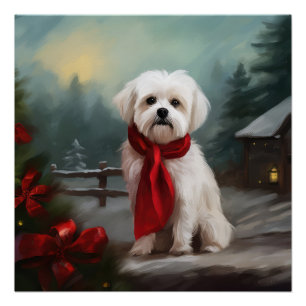 Póster Perro maltés en Navidades de nieve