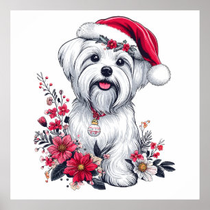 Póster Perro maltés floral festivo con perro de navidad d