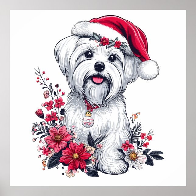 Póster Perro maltés floral festivo con perro de navidad d (Frente)
