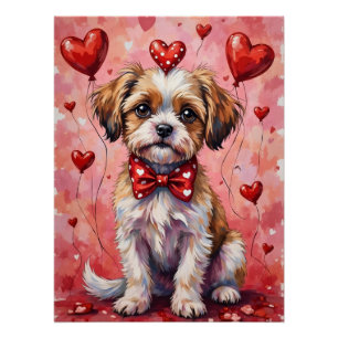 Póster Perro Malti Tzu de San Valentín sentado con Corazo