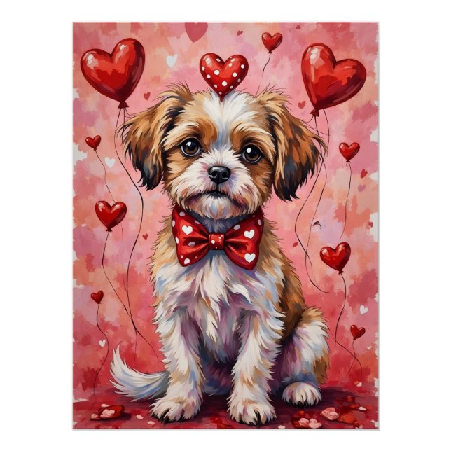 Póster Perro Malti Tzu de San Valentín sentado con Corazo (Anverso)