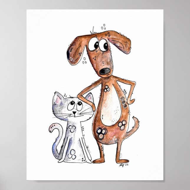 Póster Perro marrón alegre y gato gris (Frente)