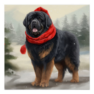 Póster Perro Mastín Tibetano en Navidad con Nieve 