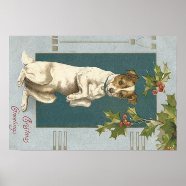 Póster Perro mendigando saludos de Navidad Holly (Frente)