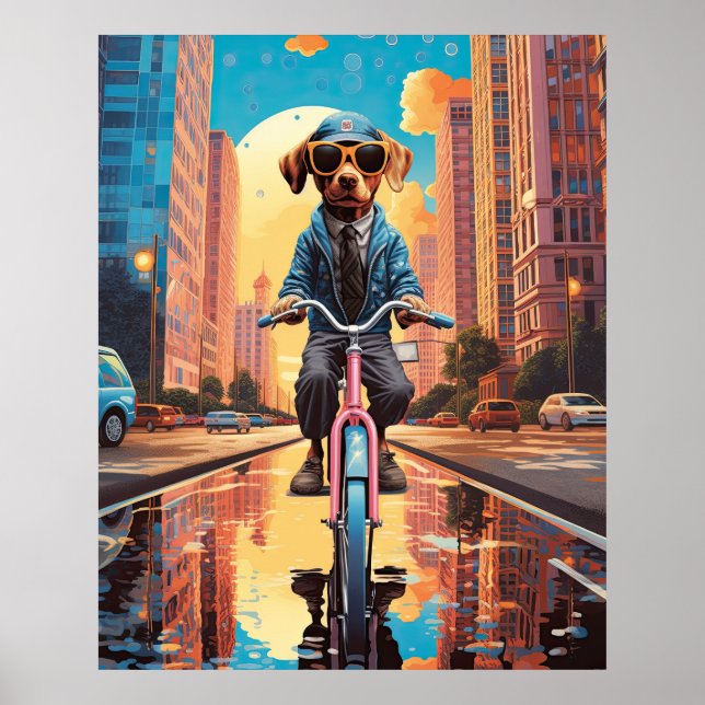 Póster Perro montando una bicicleta en la ciudad (Frente)