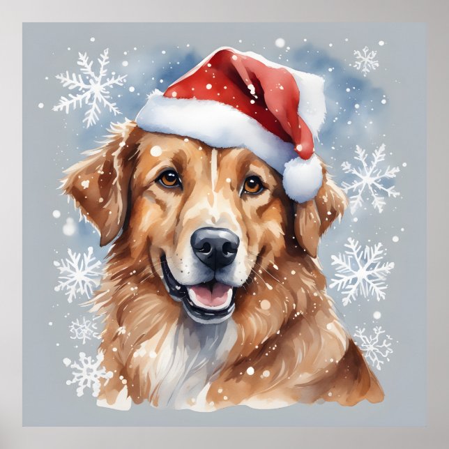 Póster Perro Navidad lindo en vacaciones en Santa Hat y n (Frente)