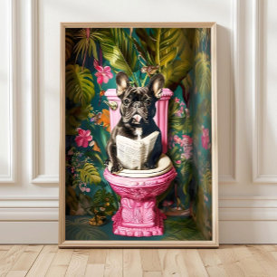 Póster Perro negro francés de baño leyendo en el inodoro