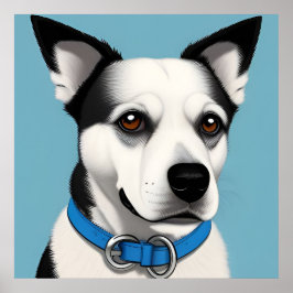 Póster Perro negro y blanco con collar azul