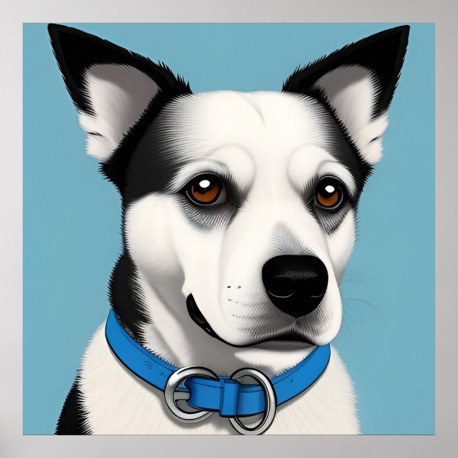 Póster Perro negro y blanco con collar azul (Frente)