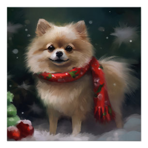 Póster Perro panomerano en Navidades de nieve