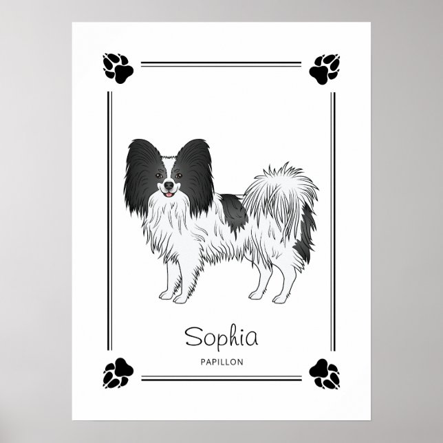 Póster Perro Papillon Blanco Y Negro Con Patitas Y Texto (Frente)