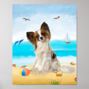 Póster Perro Papillon en la playa