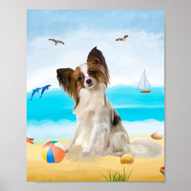 Póster Perro Papillon en la playa (Frente)