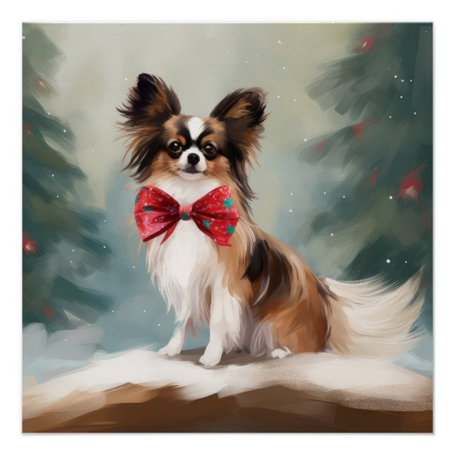 Póster Perro Papillon en Navidades de nieve (Anverso)